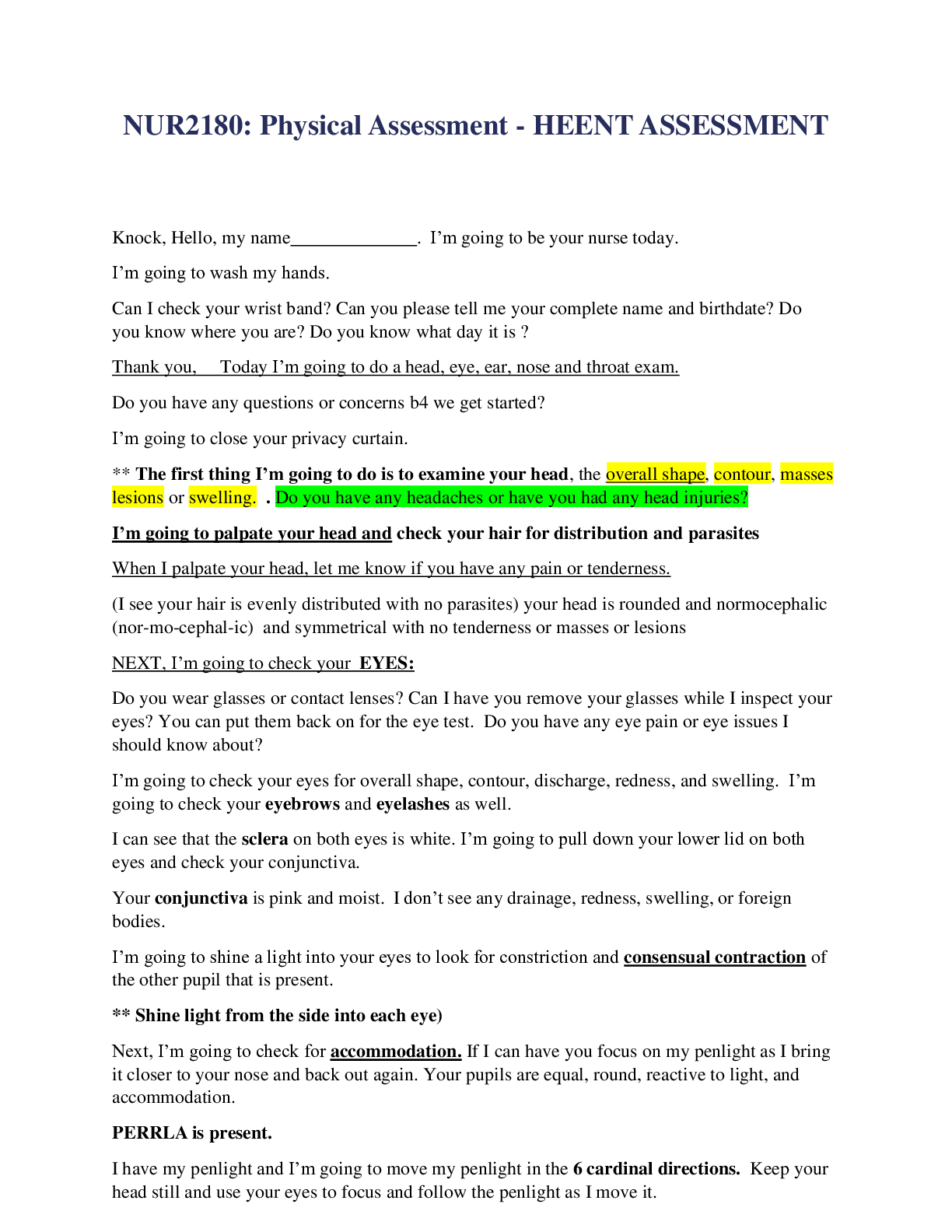 Preview image of NUR2180: Physical Assessment - HEENT ASSESSMENT document